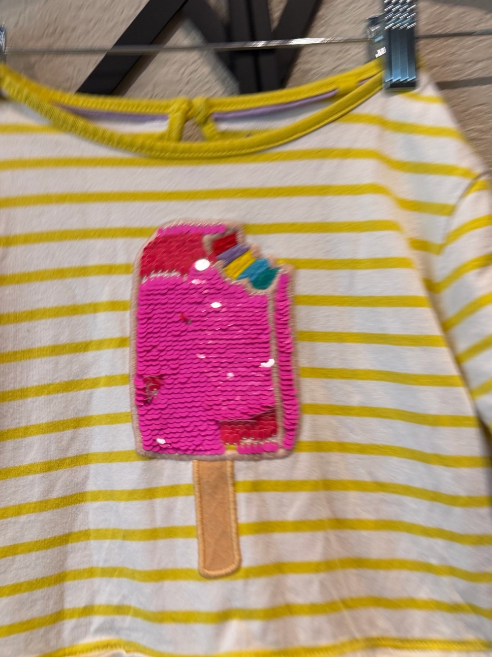 Mini Boden Yellow Stripe Long-Sleeve Top with Pink Sequin Popsicle
